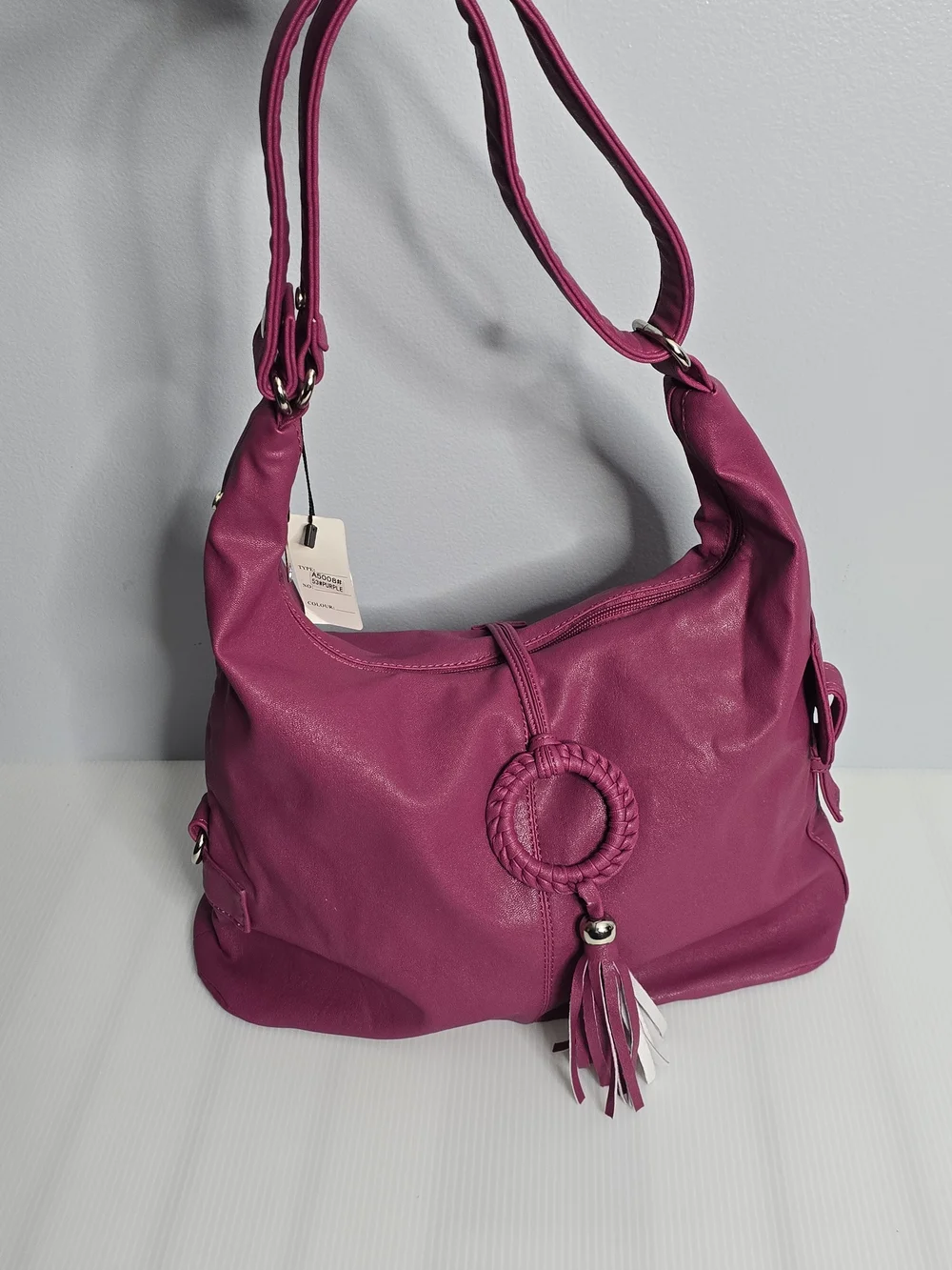 NWT Magenta Faux Leather Ring Tassel Hobo Shoulder Bag